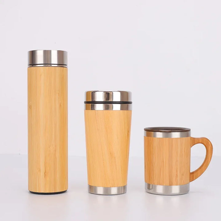 Stainless Steel Bamboo Thermos Bottle - Stylish Travel Accessory for Hot or Cold Drinks