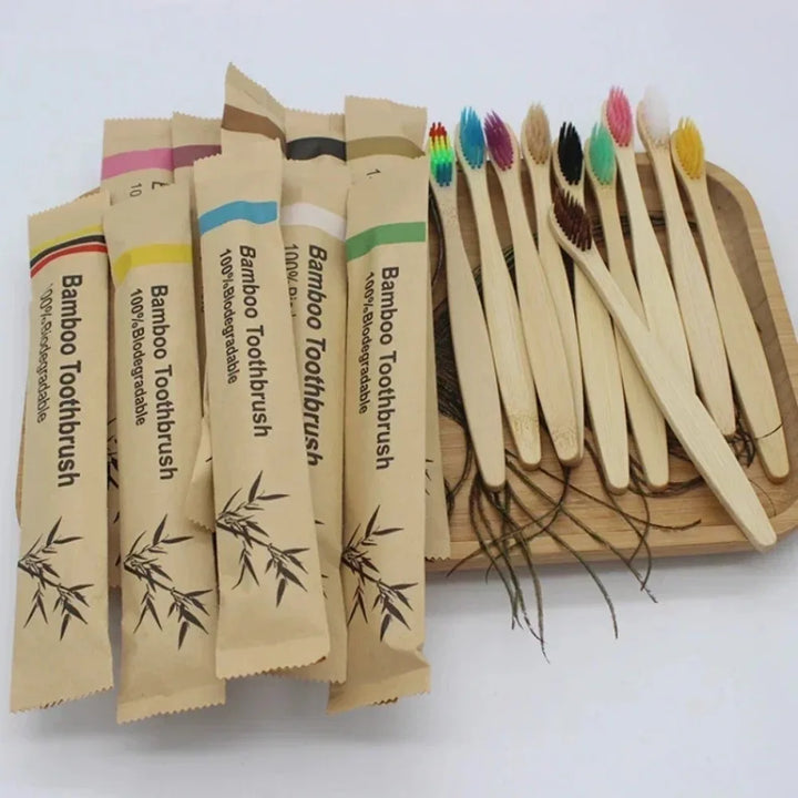 10PCS Bamboo Toothbrush Set Single Cowhide Wrapped  Natural and Environmentally Friendly Bamboo Toothbrush Tablet