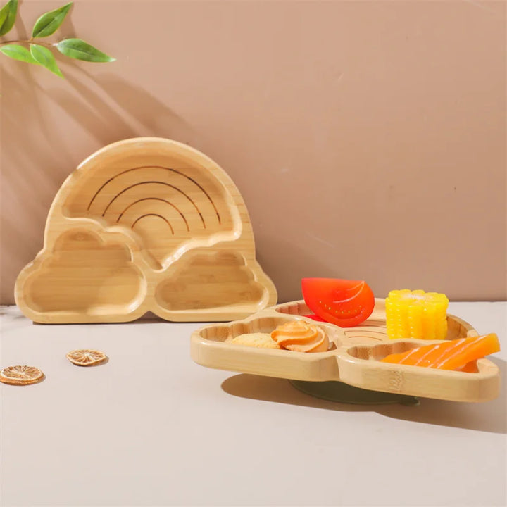 Baby Wooden Tableware Set Could Bamboo Wooden Plate Bowl Silicone Suction Wooden Handle Fork Spoon for Children Feeding Supplies