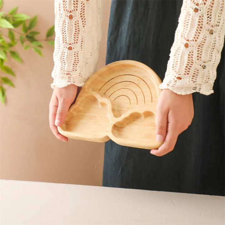 Baby Wooden Tableware Set Could Bamboo Wooden Plate Bowl Silicone Suction Wooden Handle Fork Spoon for Children Feeding Supplies