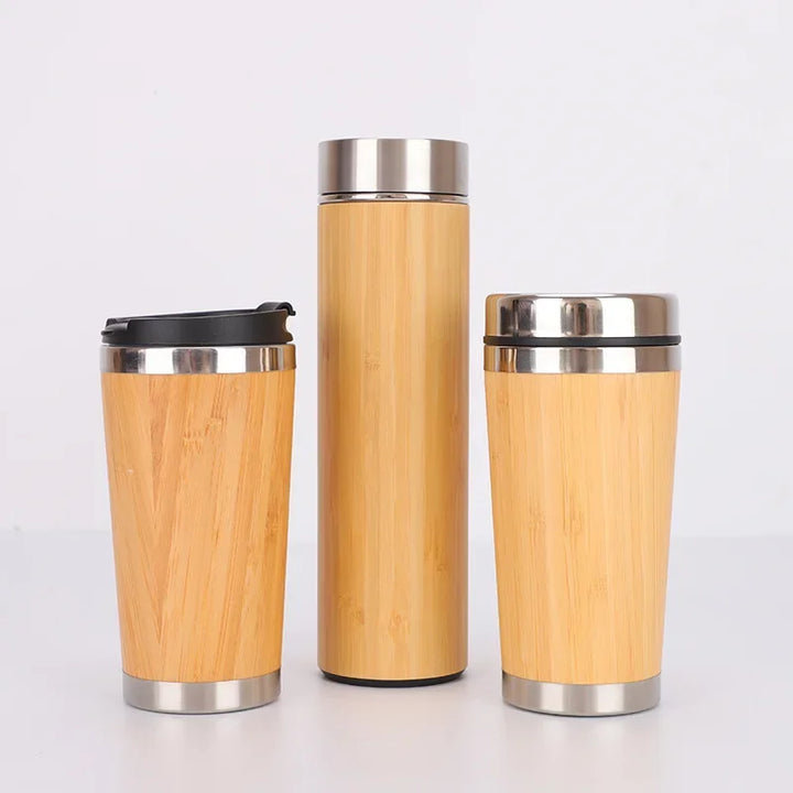 Stainless Steel Bamboo Thermos Bottle - Stylish Travel Accessory for Hot or Cold Drinks