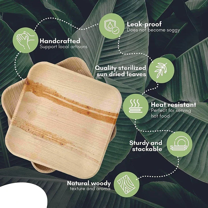 25PCS Disposable Palm Leaf Plate Square Dessert Plates Eco-friendly Dinnerware Bamboo Like Plates Outdoor Wedding Party Birthday